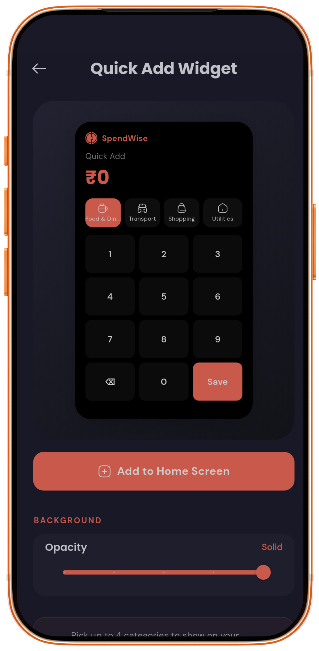 Expenso Quick Add home screen widget with a number pad and category chips