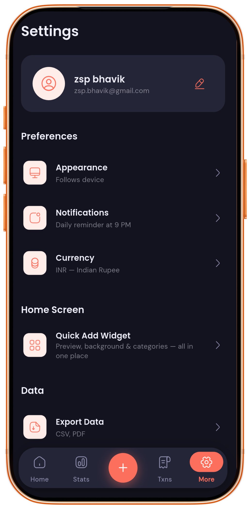 Expenso settings screen with appearance, currency, and data export options