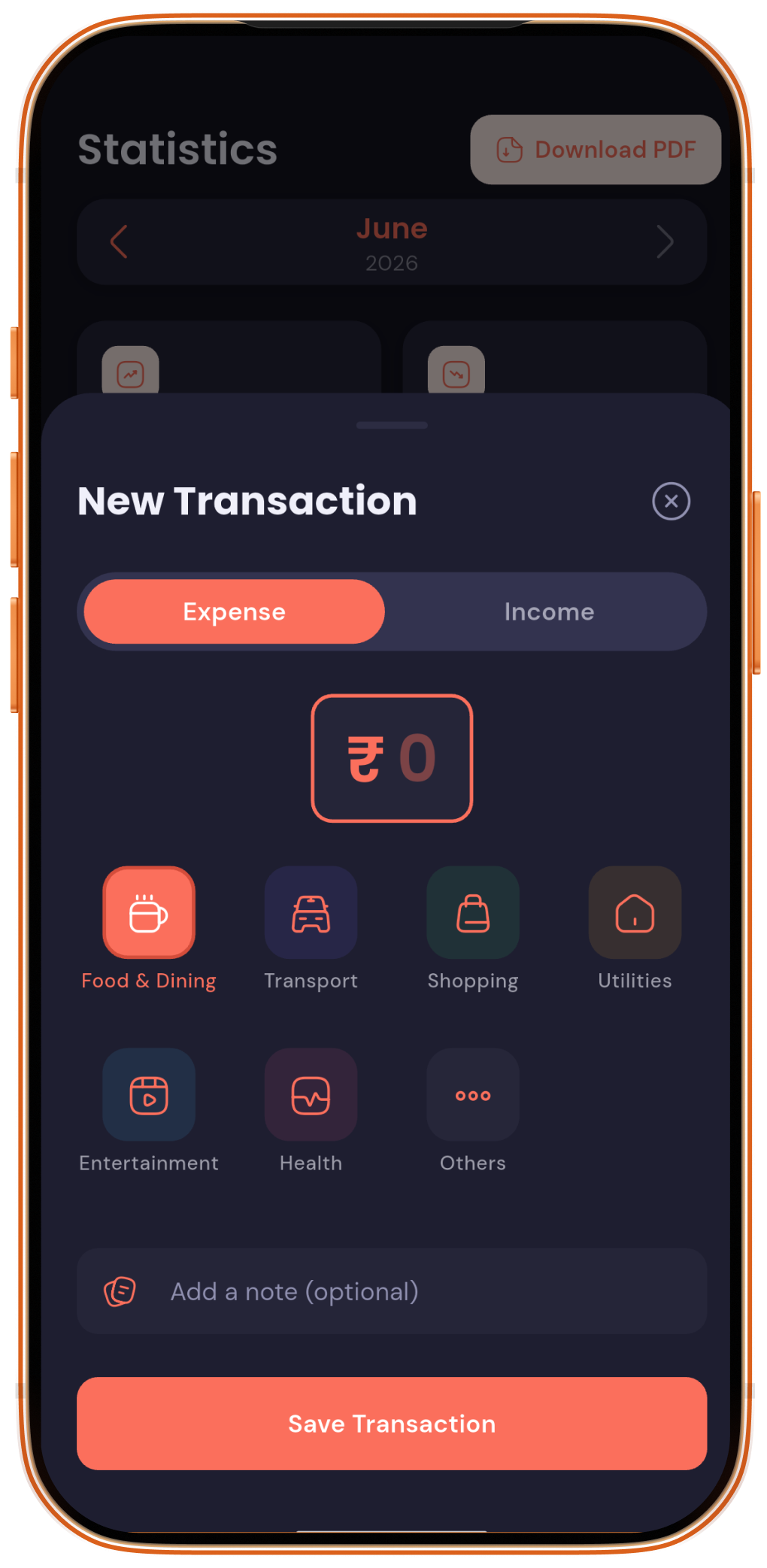 Expenso statistics screen with monthly summary and quick add transaction sheet