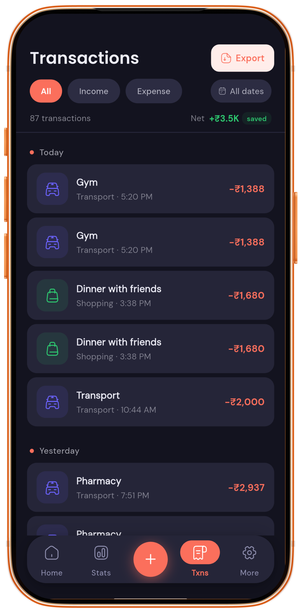 Expenso transactions list grouped by day with income and expense filters